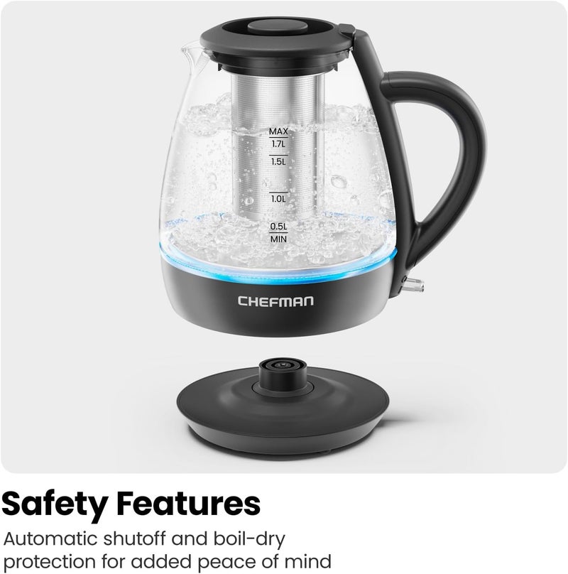 Chefman Electric Kettle with Tea Infuser, 1.7L 1500W, Removable Lid for Easy Cleaning, Boil-Dry Protection, Stainless Steel Filter, BPA Free, Auto Shut Off Hot Water Boiler, Glass Electric Tea Kettle - Image 5